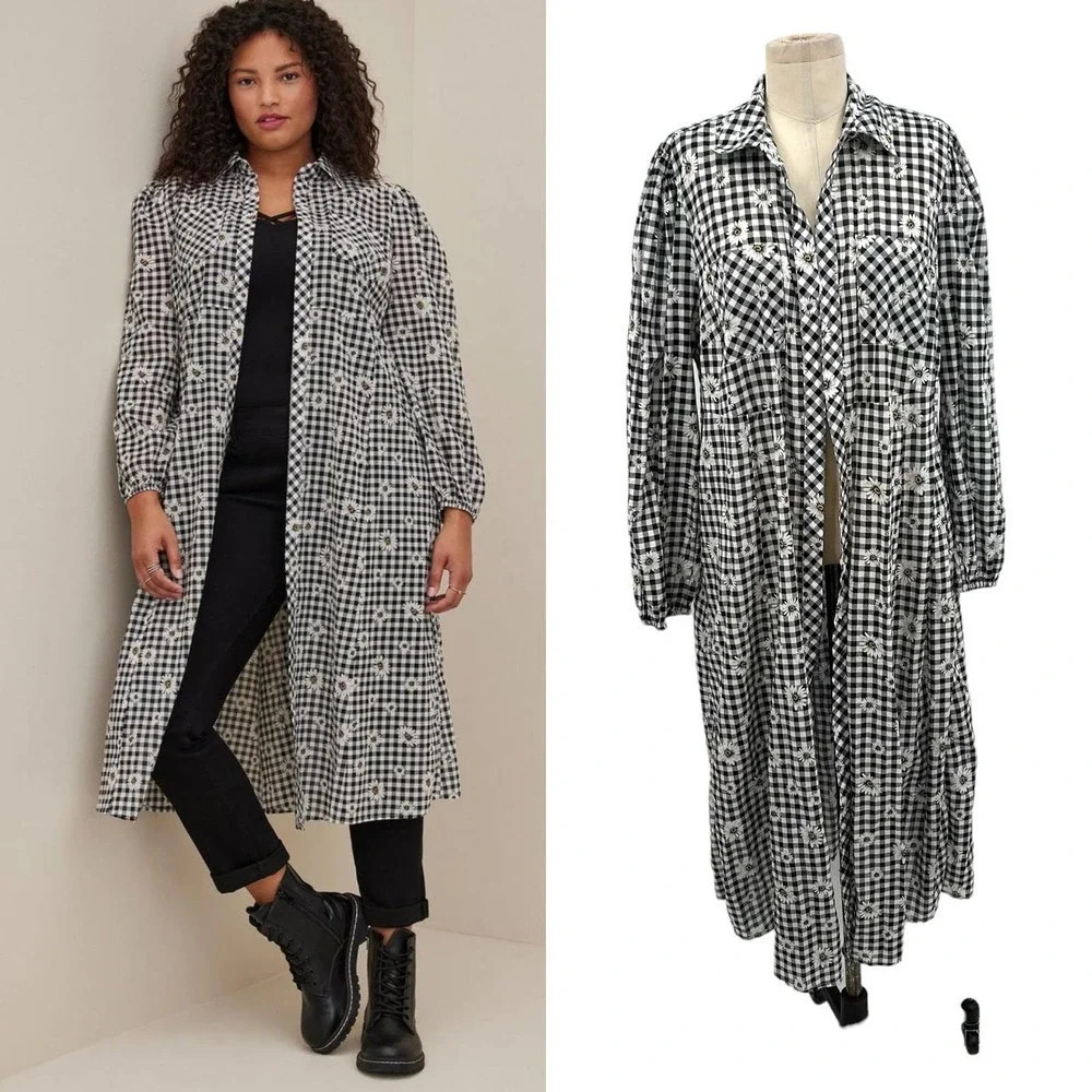 Torrid Kimono Duster Cotton Daisies Black White Gingham Plaid Print Plus Size 1X